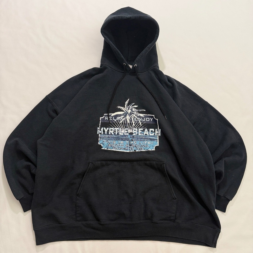 Hanes Hoodie Men 3XL Black Y2K 00s Myrtle Beach Graphic Pullover Sweatshirt